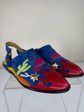 Vintage Zalo 80’s Western Cowgirl Colorful Suede & Leather Slides Mules Size 7